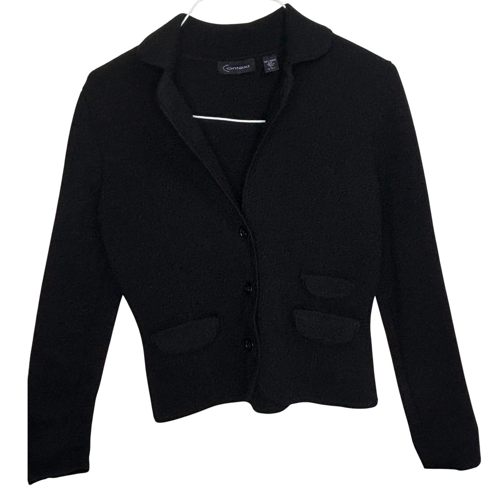 Context Cardigan Sweater Women Large Black Merino Wool Blazer Style Button Front